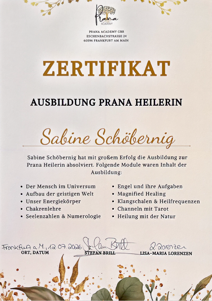 Zertifikat Prana-Heilung